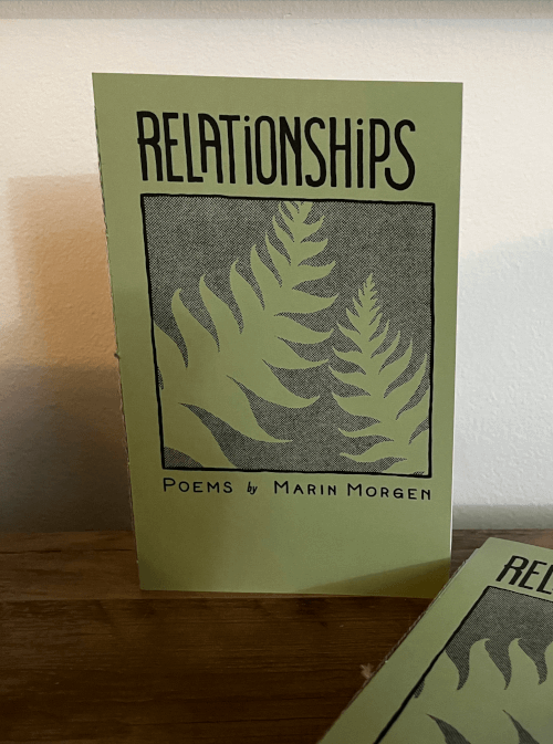 A zine titled Relationships, with an illustration of two fern leaves almost touching